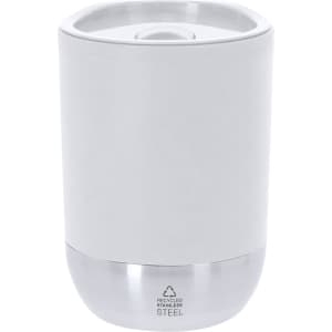 An insulated cup in white and silver, made from recycled stainless steel, featuring a lid and branded design.