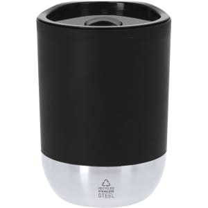 A drink bottle featuring a black body and silver base, made of recycled stainless steel, with a logo on the surface.