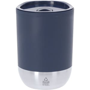 A drink bottle with a navy blue body and a stainless steel base, featuring a lid and a logo.