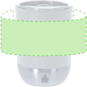 A drink bottle in white and stainless steel with a lid, featuring a logo on its side.