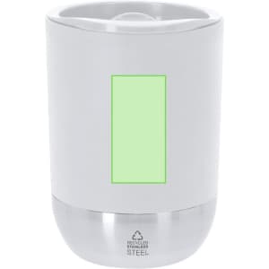 A drink bottle with a white exterior and stainless steel bottom, featuring a logo in a green rectangle.