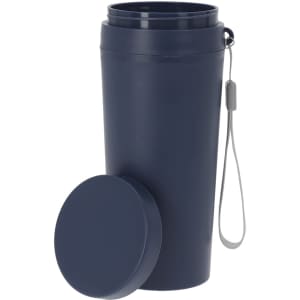 A drink bottle in navy blue with a removable lid and a strap for easy carrying. Features a branded logo.