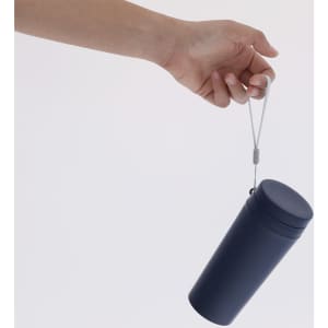 A drink bottle in navy blue, designed with a carrying strap and a sleek, insulated body.