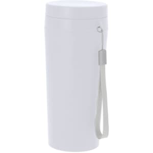 A drink bottle in white with a lid and a grey strap. It features a logo on the front.