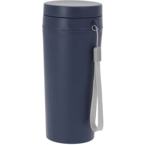 A drink bottle in navy blue with a grey strap, featuring a secure lid and a sleek cylindrical design.