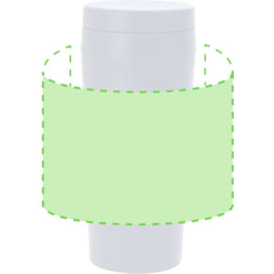 A drink bottle in white with a logo. It features a smooth, cylindrical design and a green band around it.