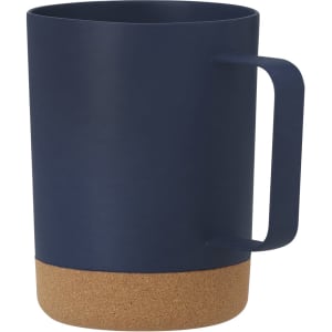A navy blue coffee mug with a cork base and a modern handle design.
