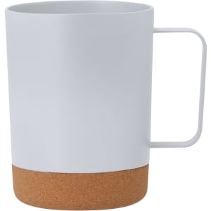 A coffee mug in white with a cork base and a simple handle, featuring a minimalist design.