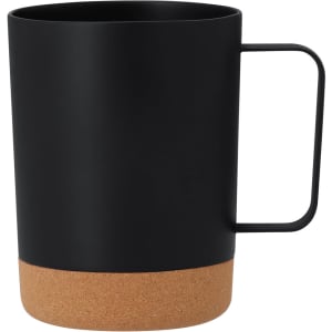 A black coffee mug with a cork base and a modern handle, featuring a simple and sleek design.