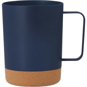 A navy blue coffee mug with a cork base and a simple handle, featuring a minimalist design.