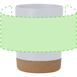 A coffee mug featuring a white upper section and a cork bottom, with a blank area for custom branding.