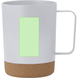 A white coffee mug with a cork bottom and a blank area for customisation. It features a handle and a simple design.