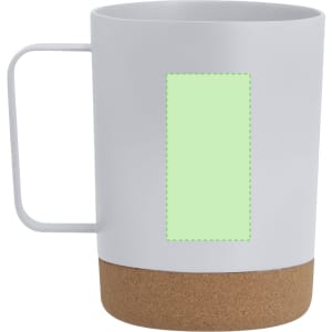 A white coffee mug with a cork base and a blank green section for customisation. It features a handle.