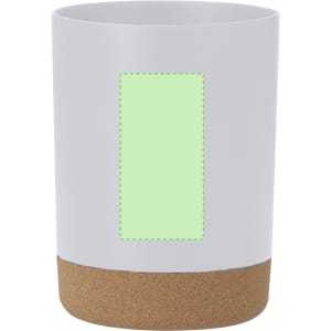 A coffee mug with a white body and a cork bottom, featuring a blank area for customisation.