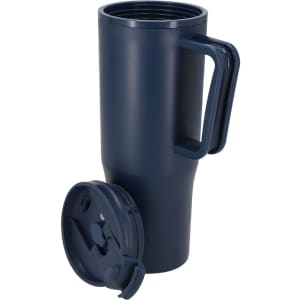 A navy insulated travel mug with a lid and a handle, designed for keeping beverages hot or cold.