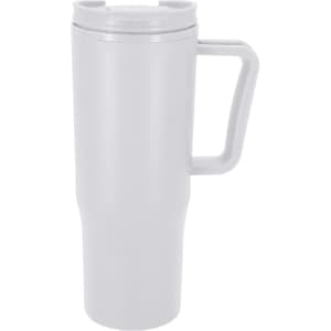 A travel mug in light grey with a handle and a secure lid, featuring a logo on the side.
