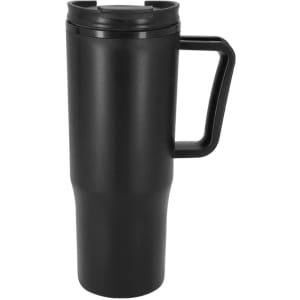A black insulated travel mug with a handle and a lid. It features a simple design and has a logo.