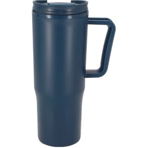 A drink bottle with a sleek design, featuring a dark blue finish and a sturdy handle. It has a locking lid and branding.