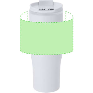 An insulated travel mug in white with a lid and a space for branding or design.