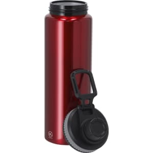 A drink bottle in bright red with a black lid, featuring a handle and a detachable cap. It has a logo.