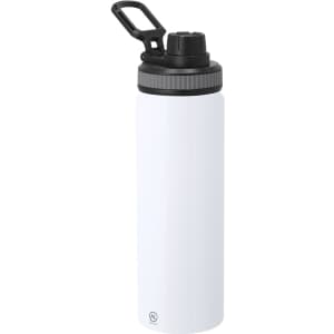A drink bottle featuring a white body and a black lid, complete with a handle and a logo.