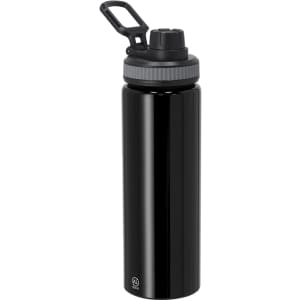 A drink bottle in glossy black with a grey lid and black handle, featuring a logo at the base.