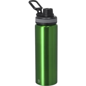 A drink bottle in glossy green with a black screw top lid and a carry handle, featuring a logo on the base.