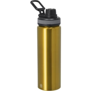 A drink bottle in a shiny gold finish, featuring a black cap and a built-in carry handle. It has a logo on the front.