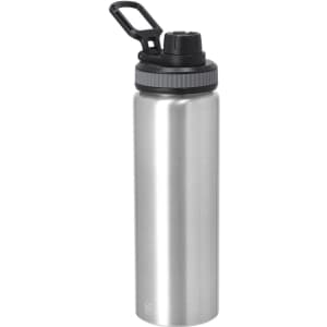 A drink bottle made of stainless steel with a black cap and a sturdy handle for easy carrying.