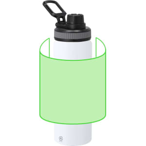 A drink bottle in white with a black lid and a handle, featuring a logo.