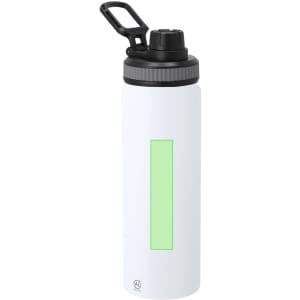 A drink bottle in white with a black lid and handle, featuring a green rectangular section.