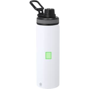 A drink bottle in white with a black lid and handle, featuring a small green square placeholder.