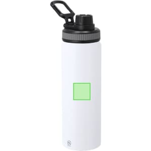 A drink bottle featuring a white body, a black lid, and a green square placeholder for customization.