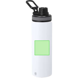 A drink bottle with a white body, black lid, and a green square on the front. It features a logo on the bottom.