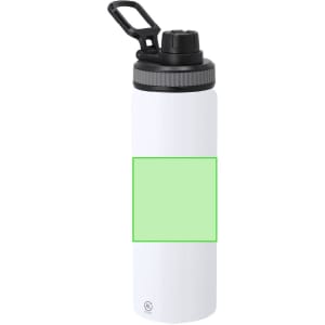 A drink bottle in white with a black lid and carrying handle, featuring a blank green label area.