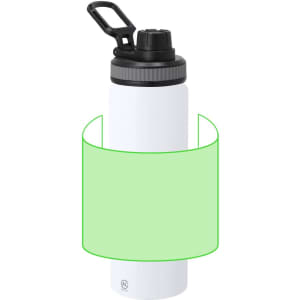 A drink bottle featuring a white body and a black lid, equipped with a carrying handle and a branding logo.