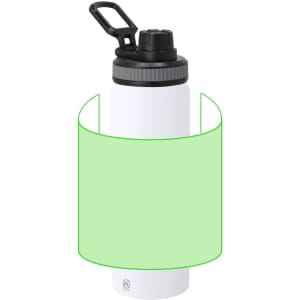 A drink bottle in white with a black lid and handle, featuring a logo and a green cylindrical placeholder.