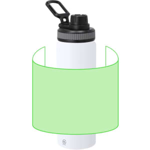A drink bottle in white with a black lid and a handle, featuring a logo.