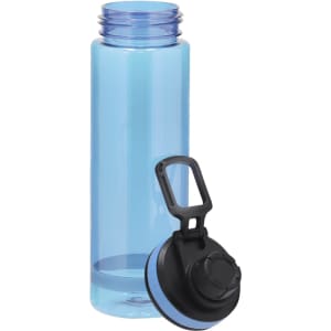 A drink bottle in clear blue plastic with a black lid featuring a carry handle.