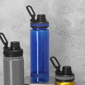 A drink bottle in blue with a black lid and handle, surrounded by grey and gold bottles, all featuring branding.
