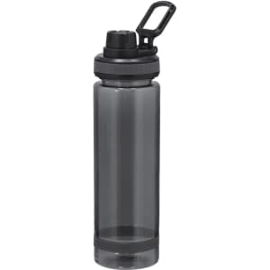 A drink bottle in transparent grey with a black lid and carrying loop, featuring a logo on the side.