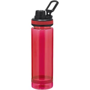 A drink bottle in vibrant red with a black lid and carrying handle, featuring a logo on the side.
