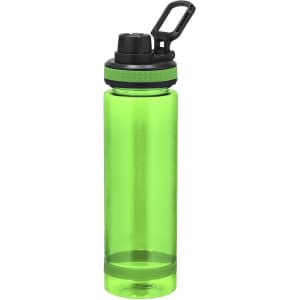 A drink bottle in vibrant green with a black top and a carrying handle, featuring a logo.