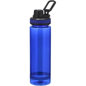 A drink bottle in clear blue with a black lid and carrying clip, featuring a logo.