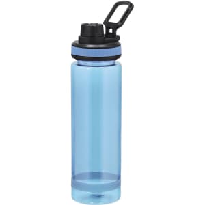 A drink bottle in a transparent blue colour with a black top and a blue ring, featuring a clip for easy carrying.