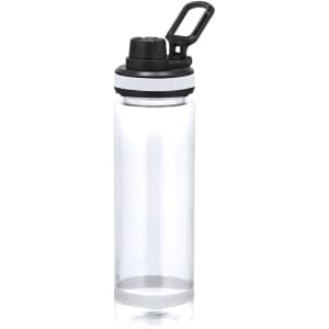 A drink bottle featuring a clear body with a black lid and white accents, complete with a clip attachment.