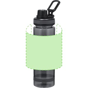 A drink bottle in grey with a black cap and handle, featuring a logo on the side.