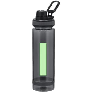 A drink bottle in grey with a black lid and a green accent strip, featuring a logo on its side.