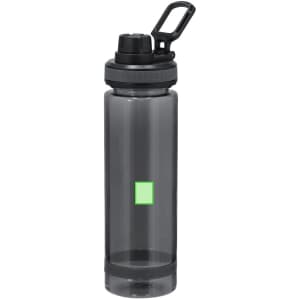 A drink bottle in clear grey with a green square accent and a black lid featuring a handle and spout.