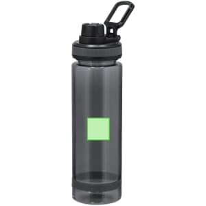 A drink bottle in transparent grey with a black lid and a clip, featuring a green accent area.
